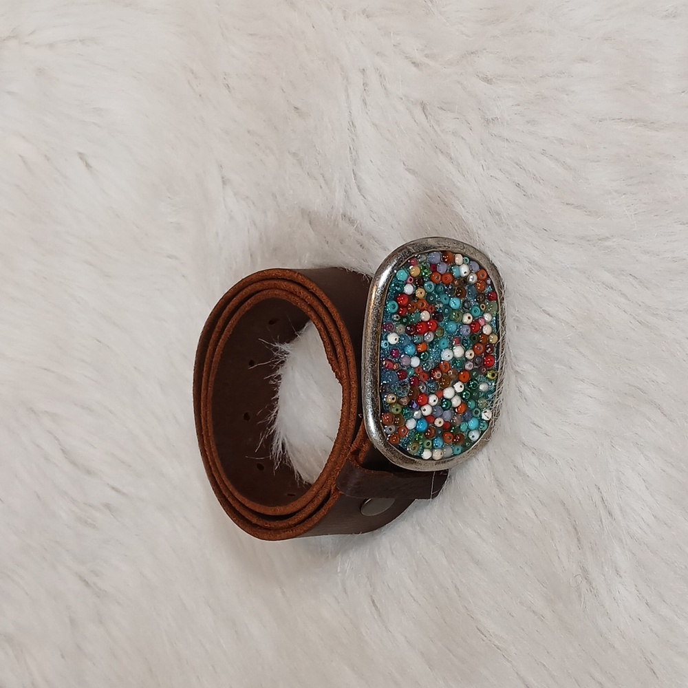 Napoli Leather Belt With A Multi Color Beaded Buckle.. Women's